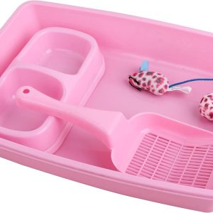 Pawise Cat Starter Kit Includes 4PCS Kitty Suppies, Low Entry Kitten Litter Pan,Cat Litter Scooper, Cat Bowls, Cat Mouse Toy, Pink